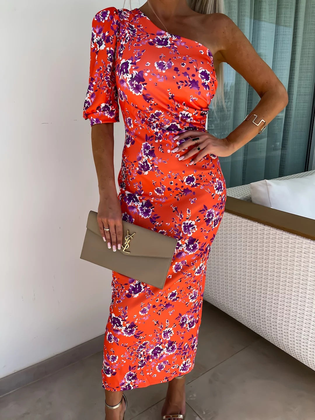 Robe maxi à imprimé floral à épaule unique Chic und Stil