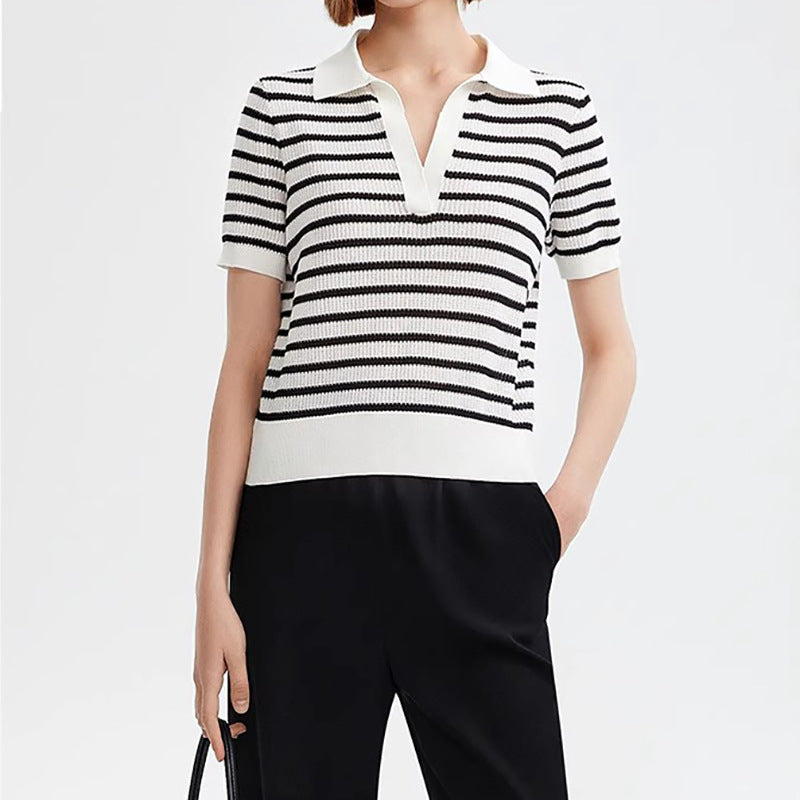 T-shirt polo tricot rayé à manches courtes pour femmes Chic und Stil