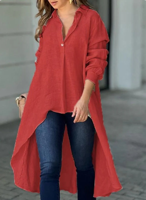 Blouses décontractées pour femmes - T-shirt long en mélange de lin de haute qualité Chic und Stil