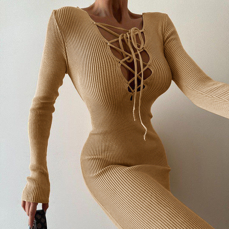 Robe midi côtelée pour femmes avec lacets Chic und Stil