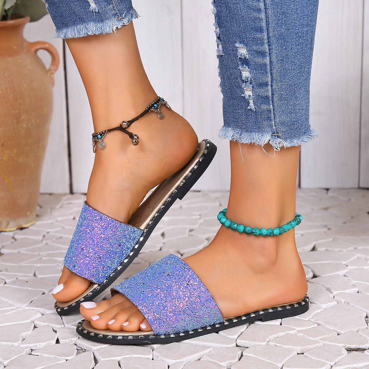 Sandales glissantes en strass glamour pour femmes Chic und Stil