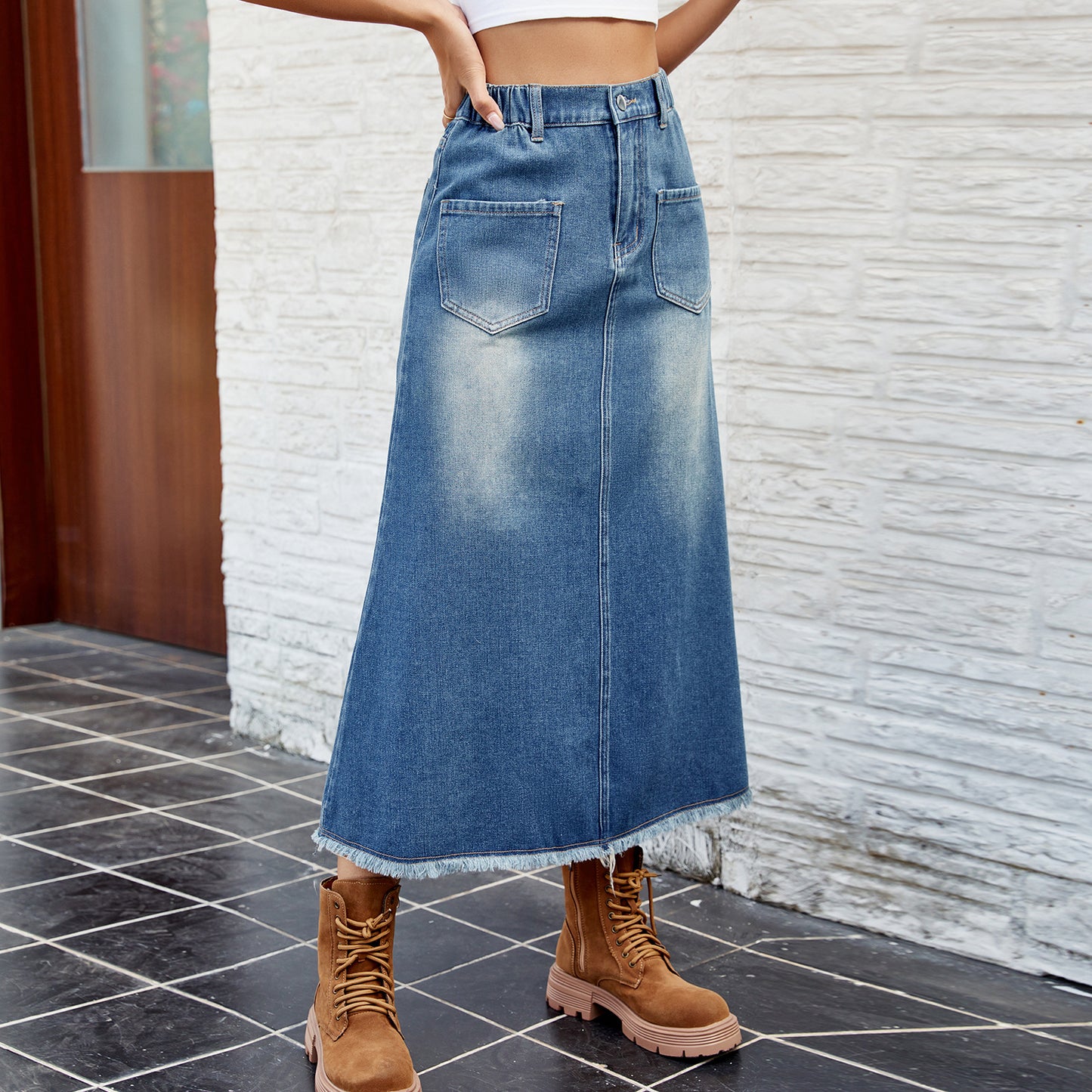 Jupe maxi en denim pour femmes avec taille élastique et poches pratiques Chic und Stil