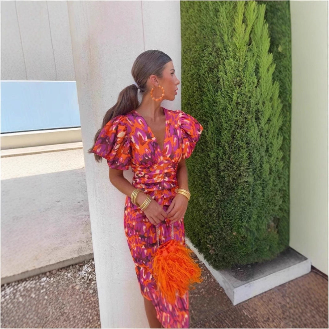 Robe midi femme avec des manches bouffantes excitantes et un décolleté en V profond Chic und Stil