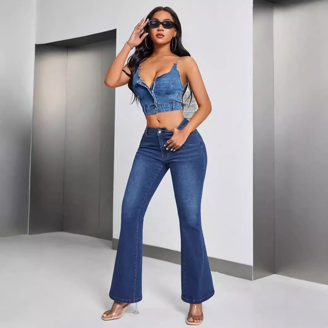 Top en denim cropped pour femme avec décolleté en V et détails de boutons Chic und Stil