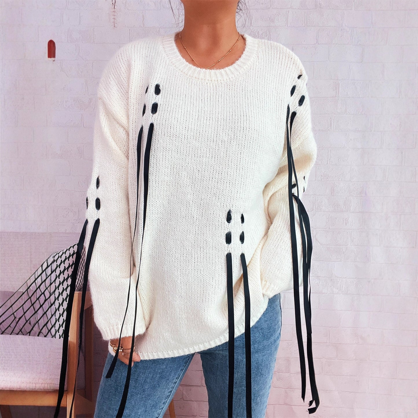 Pull over taille oversized féminin à détails de lacets uniques Chic und Stil