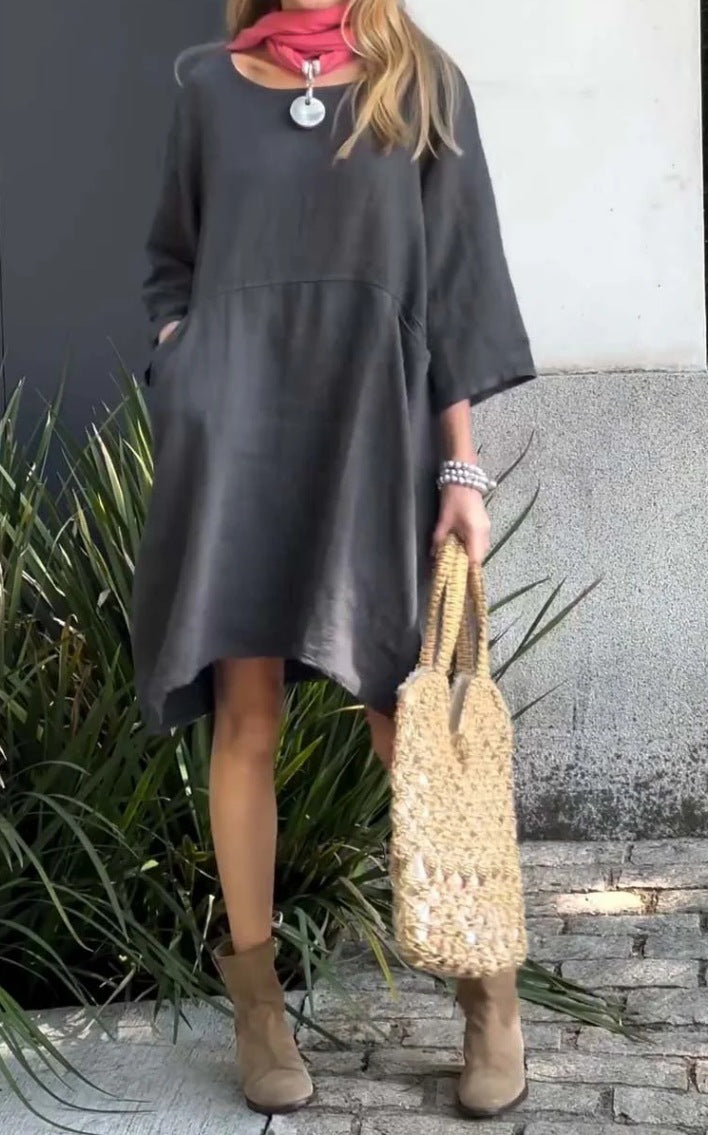 Robe en lin décontractée pour femmes avec poches pratiques et ourlet asymétrique Chic und Stil