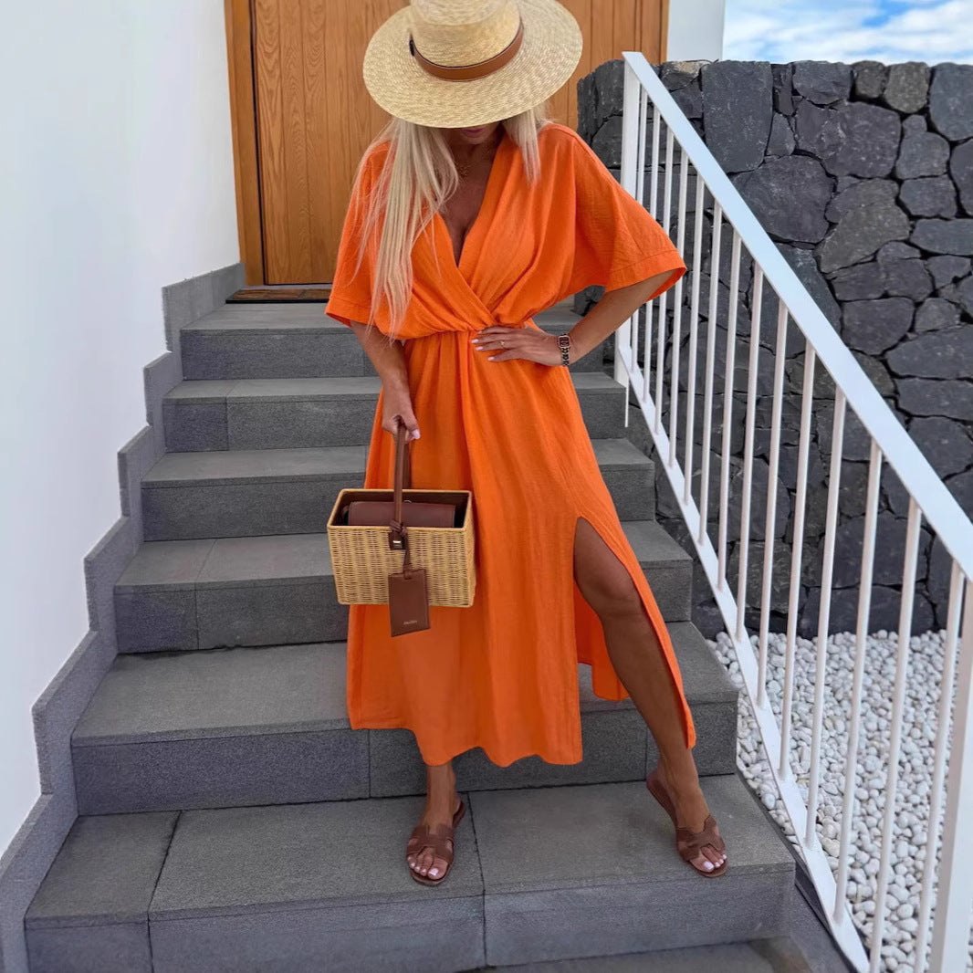 Robe maxi décontractée pour femme avec décolleté en V profond et taille élastique Chic und Stil