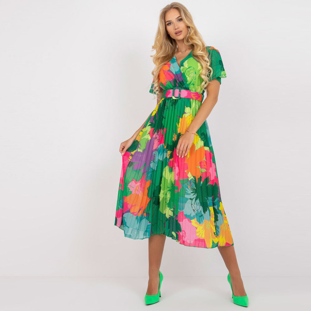 Robe midi portefeuille plissée pour femmes avec motif floral coloré Chic und Stil