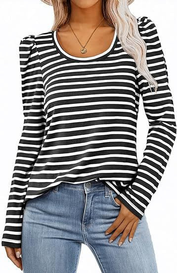 T-shirt rayé à manches longues pour femmes avec manches bouffantes Chic und Stil