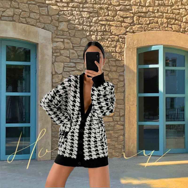 Dames pull cardigan oversized stylé avec motif pied de poule classique Chic und Still