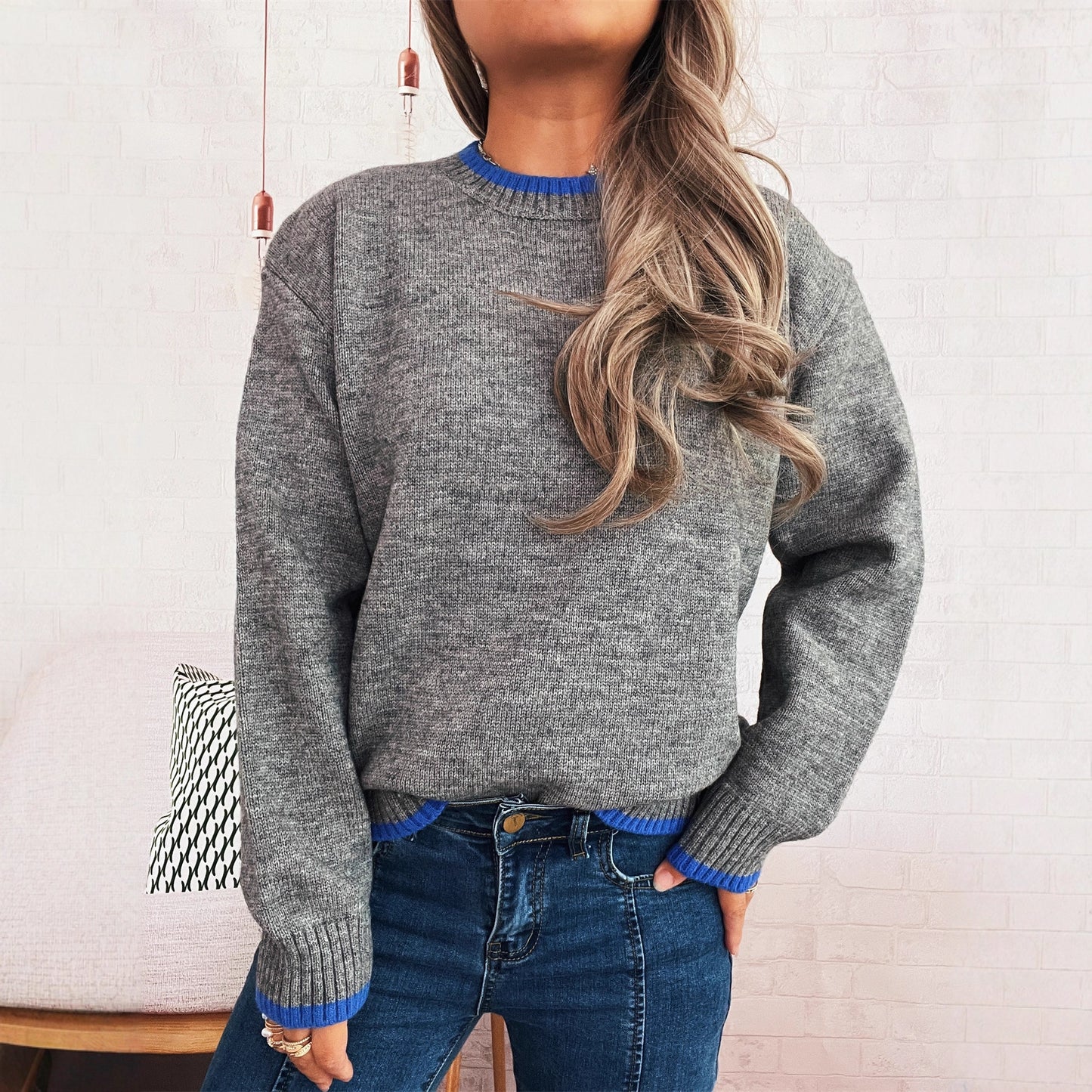 Pull en tricot confortable pour femmes avec des poignets contrastés et une coupe décontractée Chic und Stil