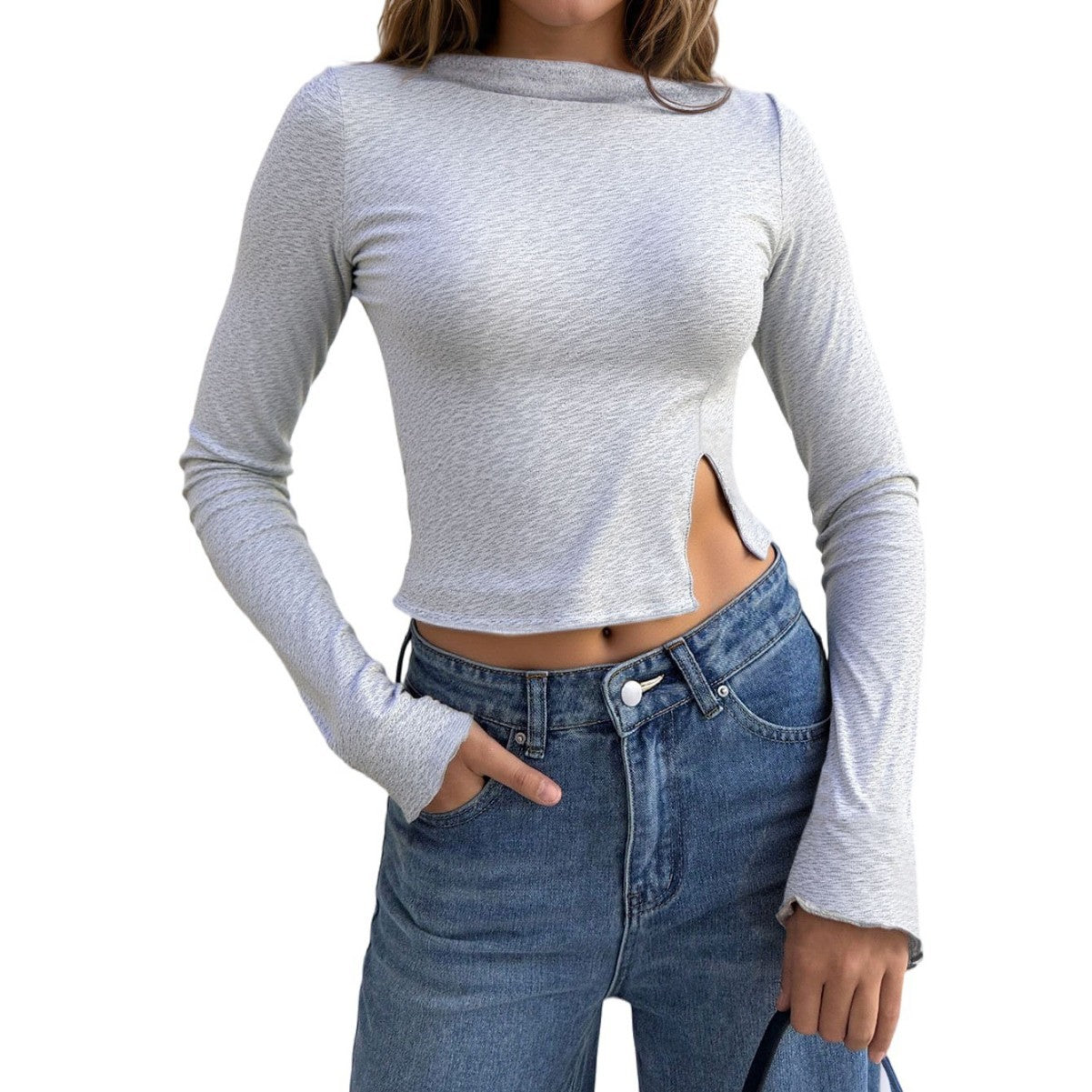 Chemisier femme à manches longues cropped avec fente latérale et design élégant Chic & Stil