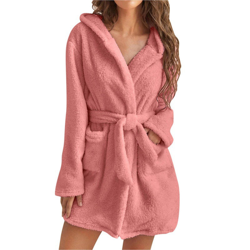 Ladies Cozy Fleece Robe with Hood and Waist Belt Chic and Style