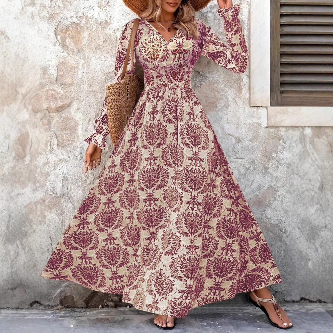 Robe maxi longue pour femmes avec motif Jacquard floral et manches volumineuses Chic und Stil