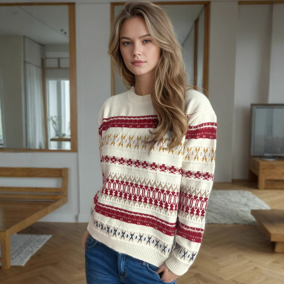 Pull en tricot doux pour femmes avec motif folklorique et col montant Chic und Stil