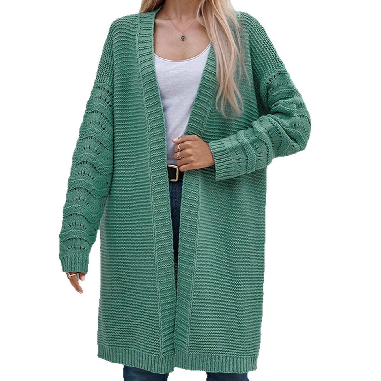 Dames Long Pull Cardigan avec une structure de maille aérée et un devant ouvert Chic und Stil
