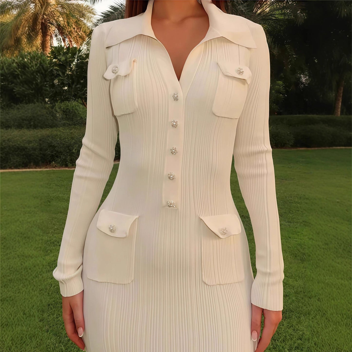 Dames Élégante Robe Maxi avec Détails de Boutons Décoratifs et Silhouette Cintrée Chic und Stil