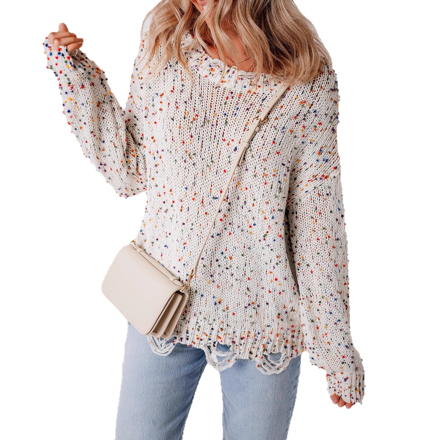 Pull en tricot décontracté pour femmes avec un design à éclaboussures colorées et un col rond confortable Chic und Stil