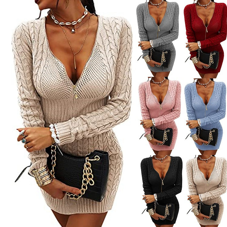 Robe en tricot pour femmes avec décolleté en V profond et détails modernes de zip Chic und Stil