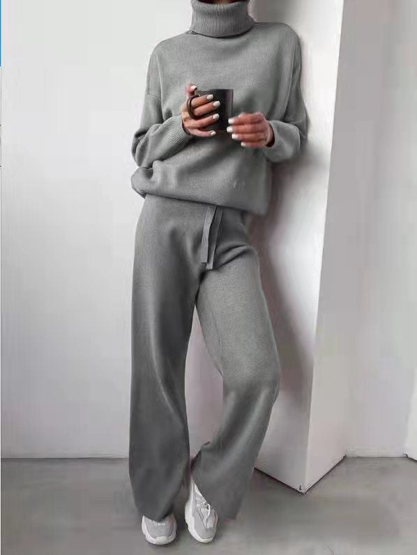 Cozy knit lounge set for women with wide pants and elegant round neck Chic and Style