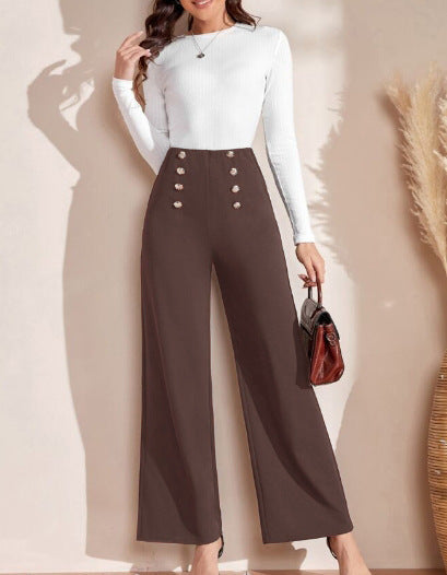 High-waisted wide-leg pants for women with decorative buttons Chic and Style