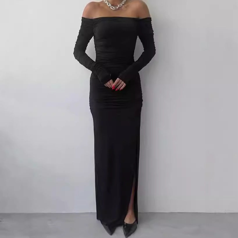 Robe maxi élégante pour femmes à épaules dénudées avec fronces et longues manches Chic und Stil
