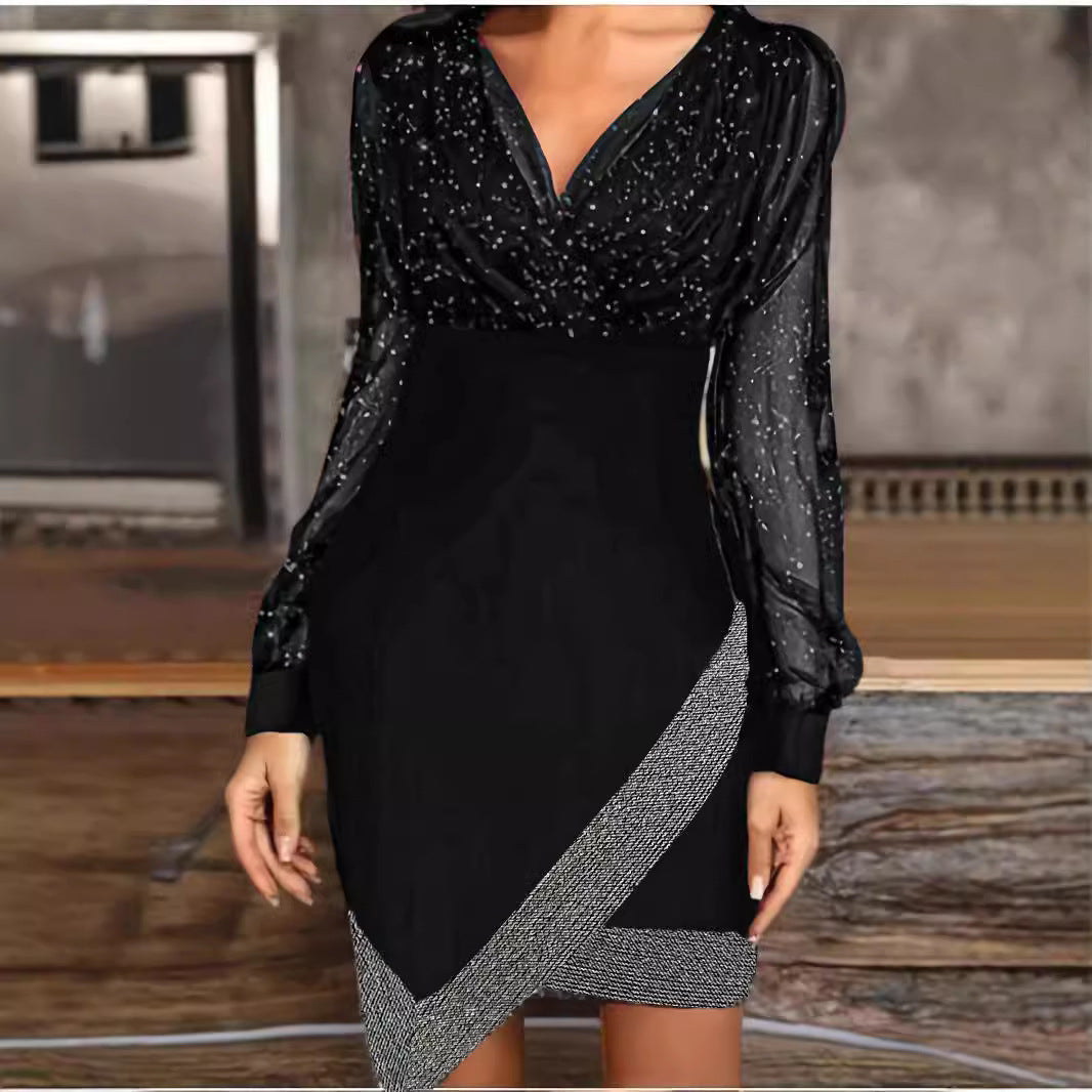 Femmes Robe portefeuille élégante avec des détails scintillants et des manches transparentes Chic und Stil