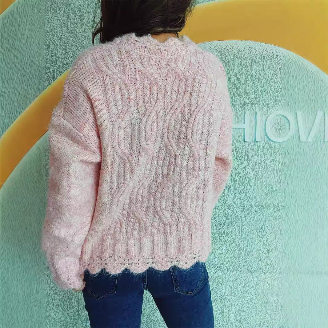 Pull en grosse maille pour femmes avec motif ondulé romantique et manches volumineuses Chic und Stil