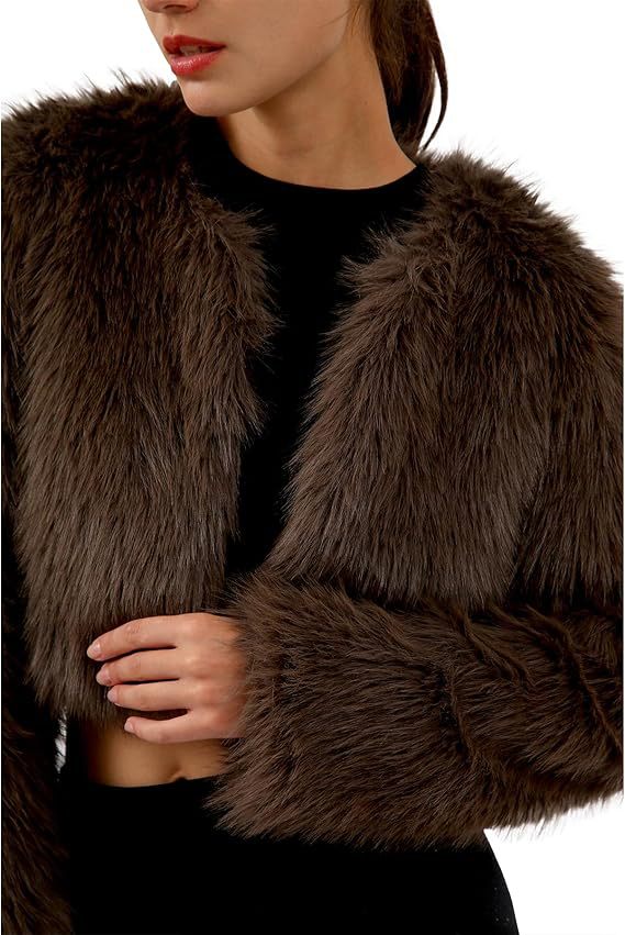 Dames courte veste glamour en fausse fourrure avec manches amples Chic und Stil