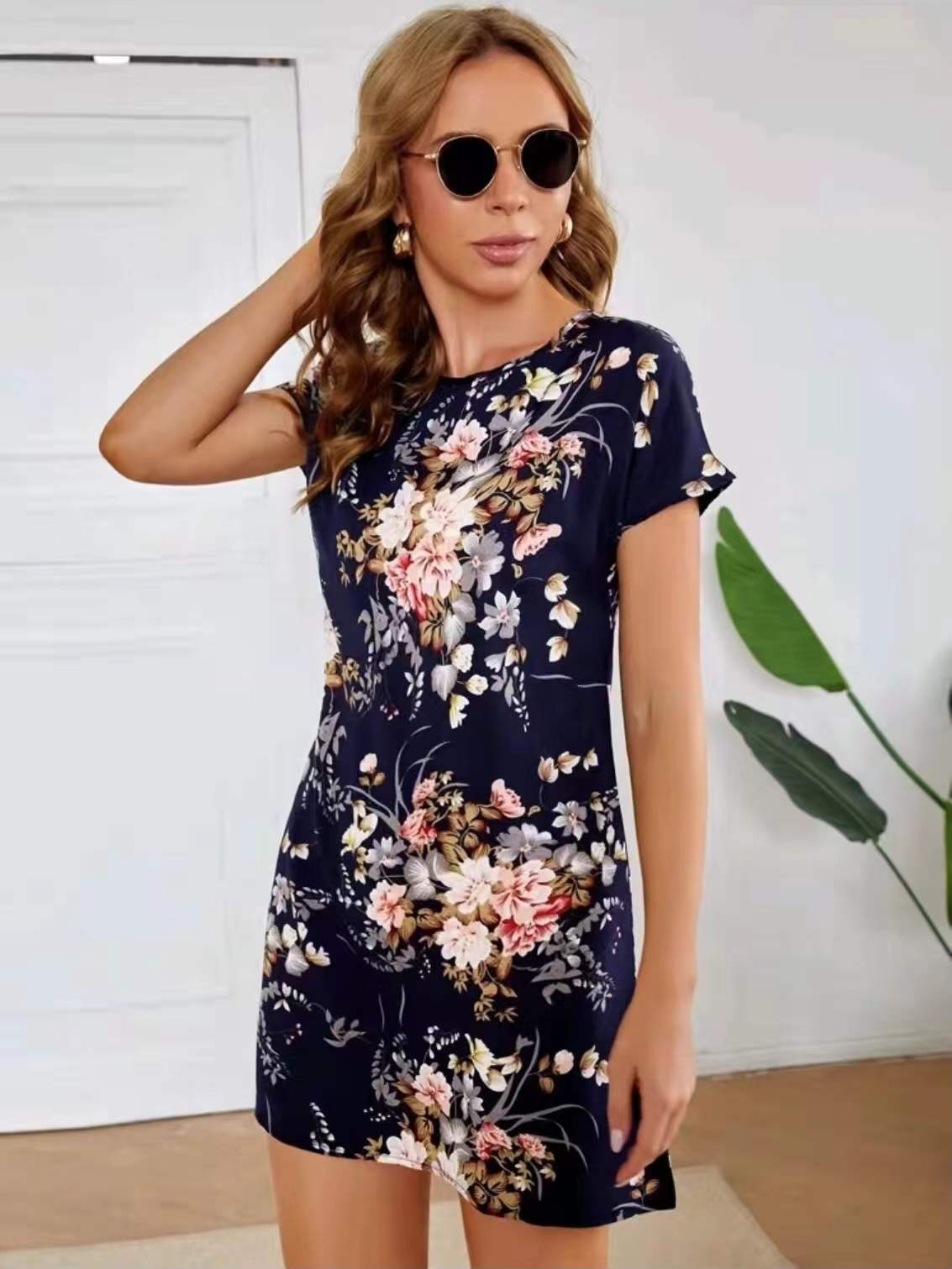 Dames Manches Courtes Imprimé Floral Tunique Robe Chic und Stil