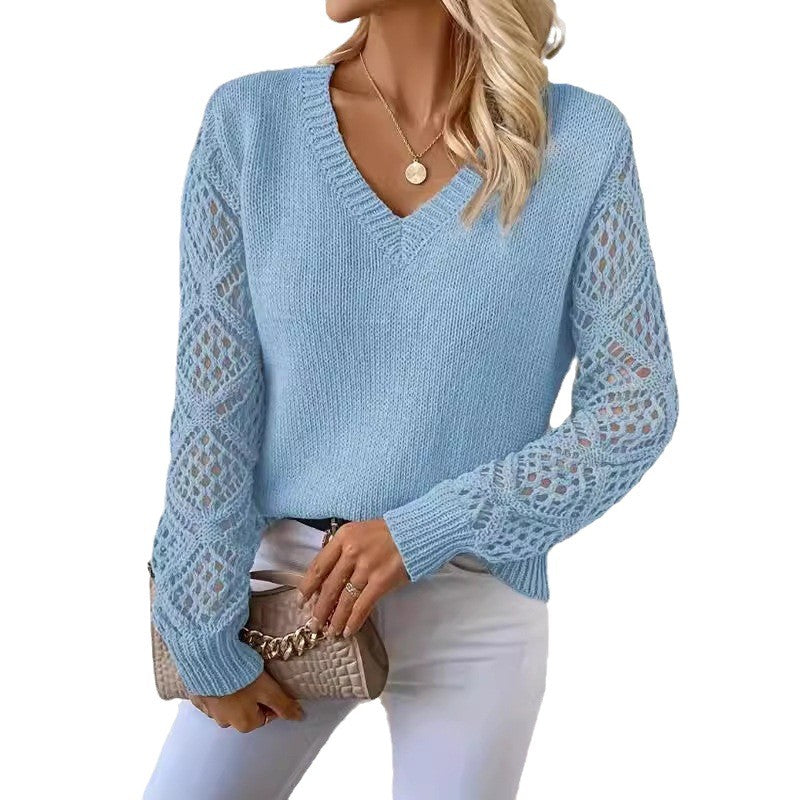Pull en tricot pour femmes avec décolleté en V et manches crochetées Chic und Stil