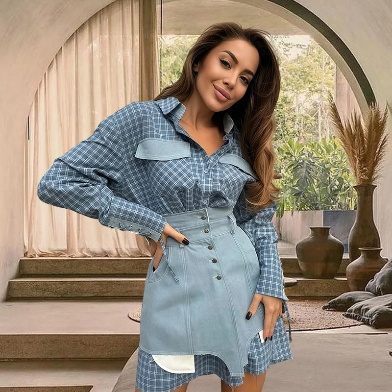 Blouse à carreaux pour femmes avec jupe en jean et coupe artisanale Chic und Stil