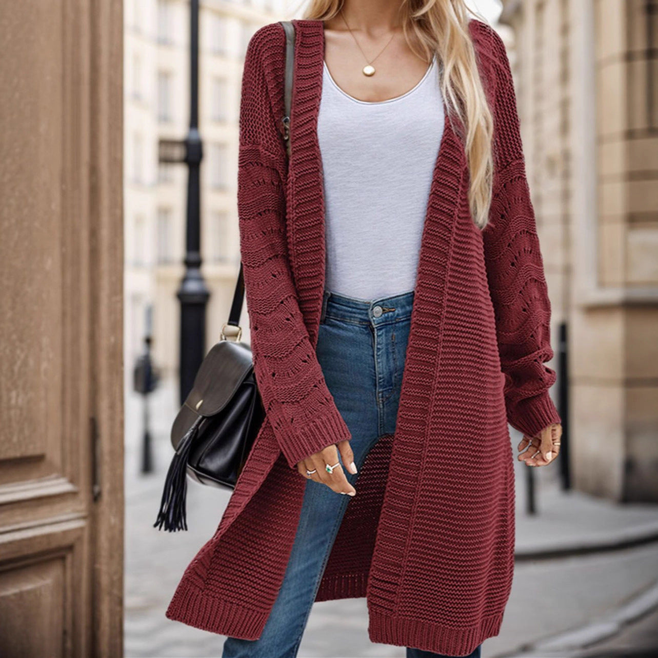 Dames Long Pull Cardigan avec une structure de maille aérée et un devant ouvert Chic und Stil