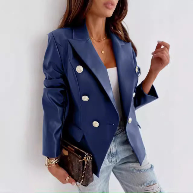 Blazer élégant en simili cuir pour femmes avec double rangée de boutons Chic und Stil