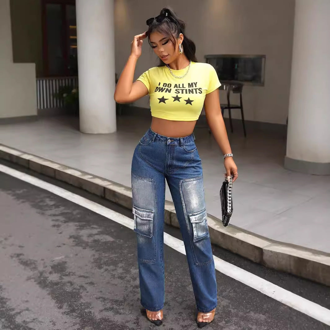 Jeans cargo pour femmes au design décontracté avec poches latérales et taille haute Chic und Stil