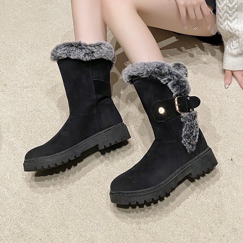 Bottes à doublure chaude pour femmes avec un col en fourrure à la mode et une belle boucle Chic und Stil