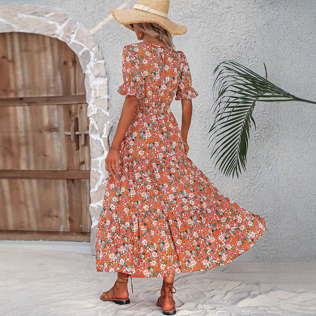 Robe maxi femme avec motifs floraux et bande de taille élastique Chic und Stil