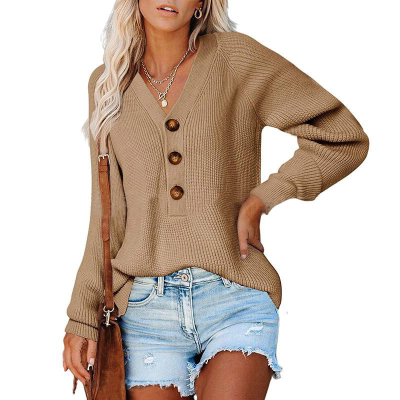 Pull en tricot pour dames avec détails de boutons et décolleté en V plongeant Chic und Stil
