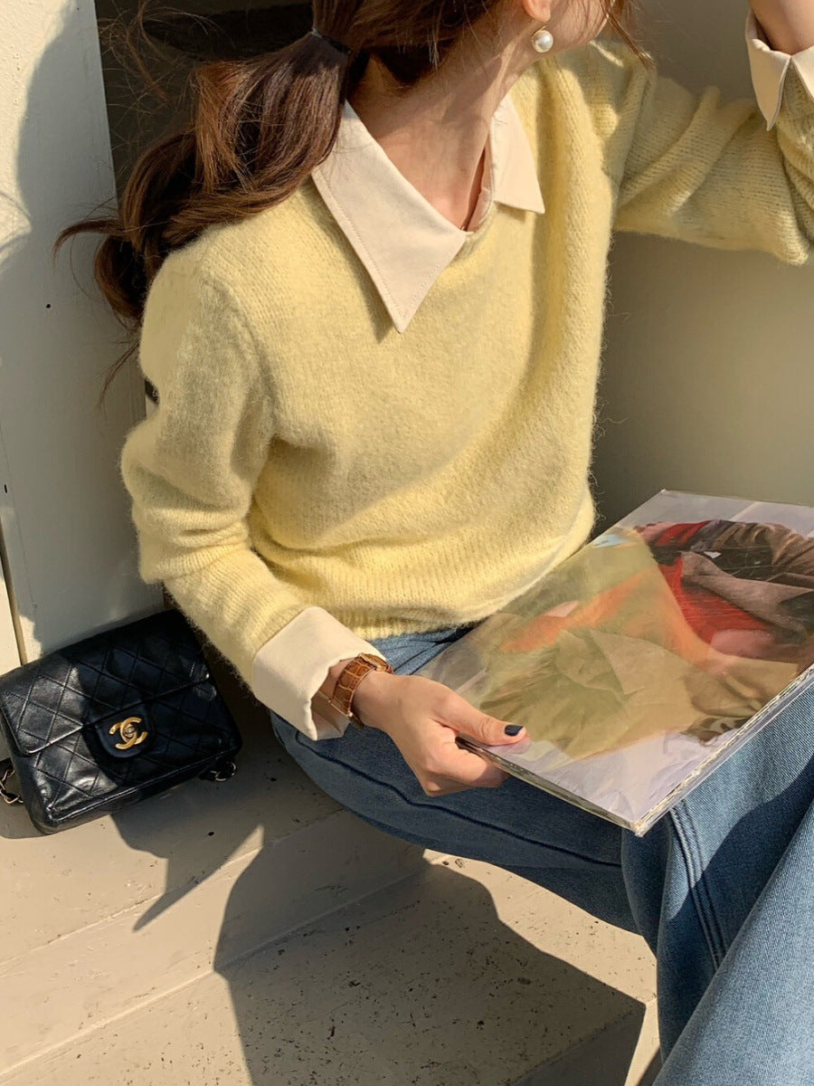 Pull décontracté pour dames avec encolure bleue et col moderne Chic und Stil