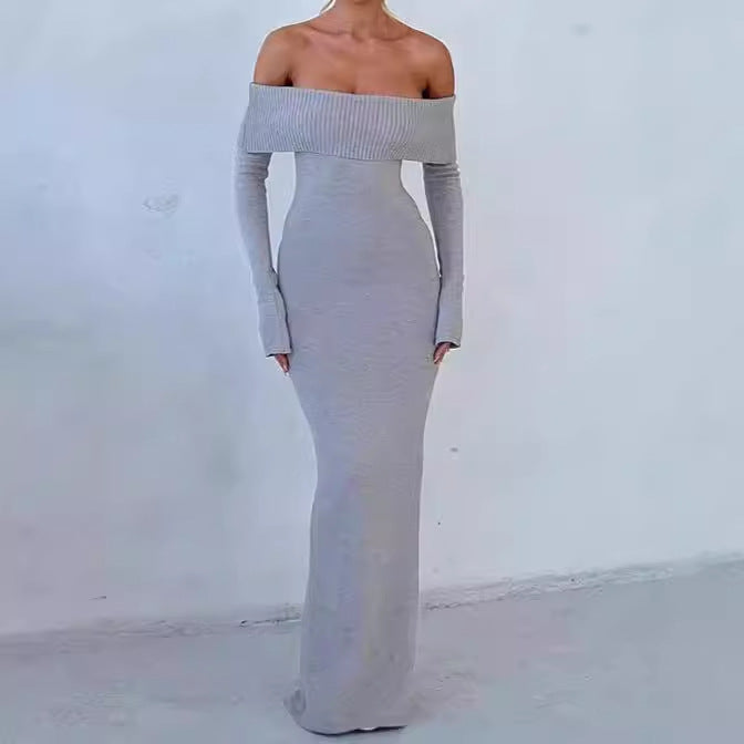 Robe maxi cintrée pour femmes, décolletée épaule dénudée, avec manches longues Chic und Stil