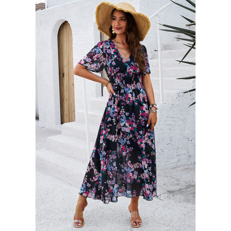 Robe maxi fleur pour femmes avec des manches flottantes Chic und Stil