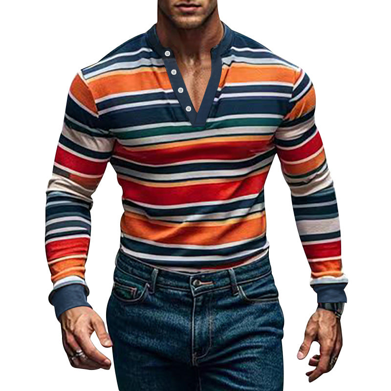 Homme T-shirt Henley à manches longues avec motif en fines rayures et col moderne Chic und Stil