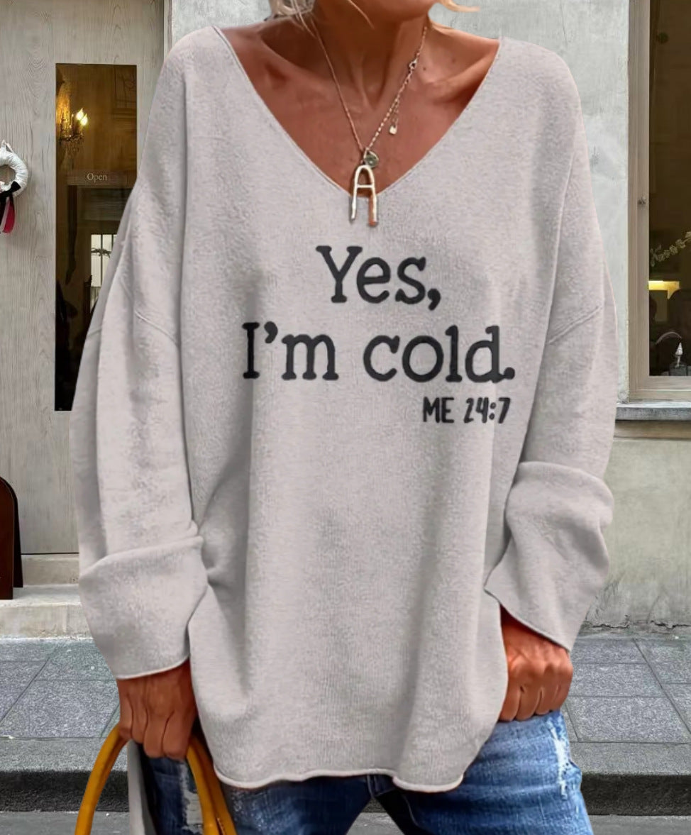 Dames pull oversized avec décolleté en V moderne et statement imprimé Chic und Stil