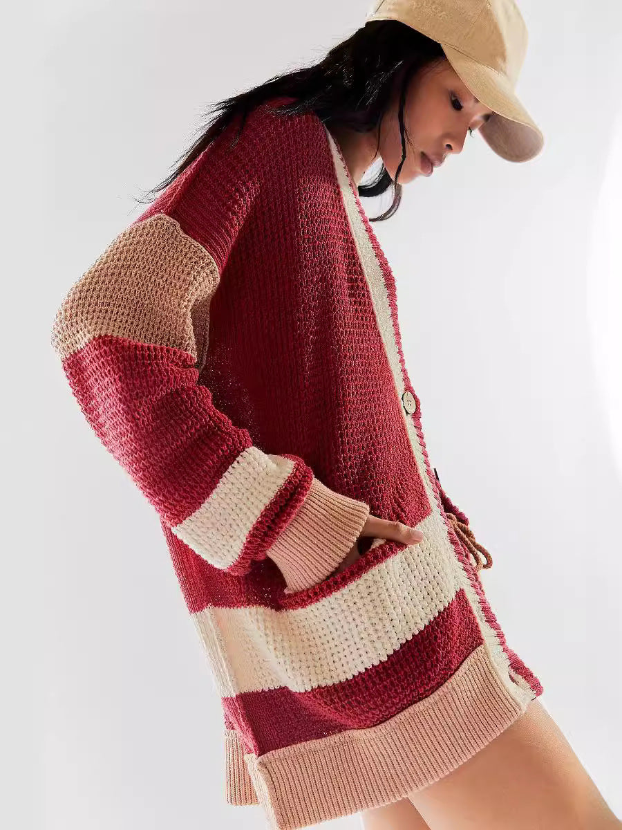 Cardigan en tricot décontracté pour femmes avec grandes poches et rayures contrastées élégantes Chic und Stil