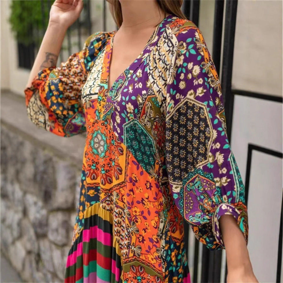 Robe maxi femme avec design en patchwork coloré et manches volumineuses Chic und Stil