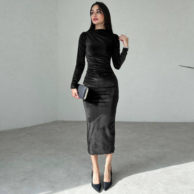 Dames Élégant Longue Manche Ruché Maxi Robe Chic und Stil