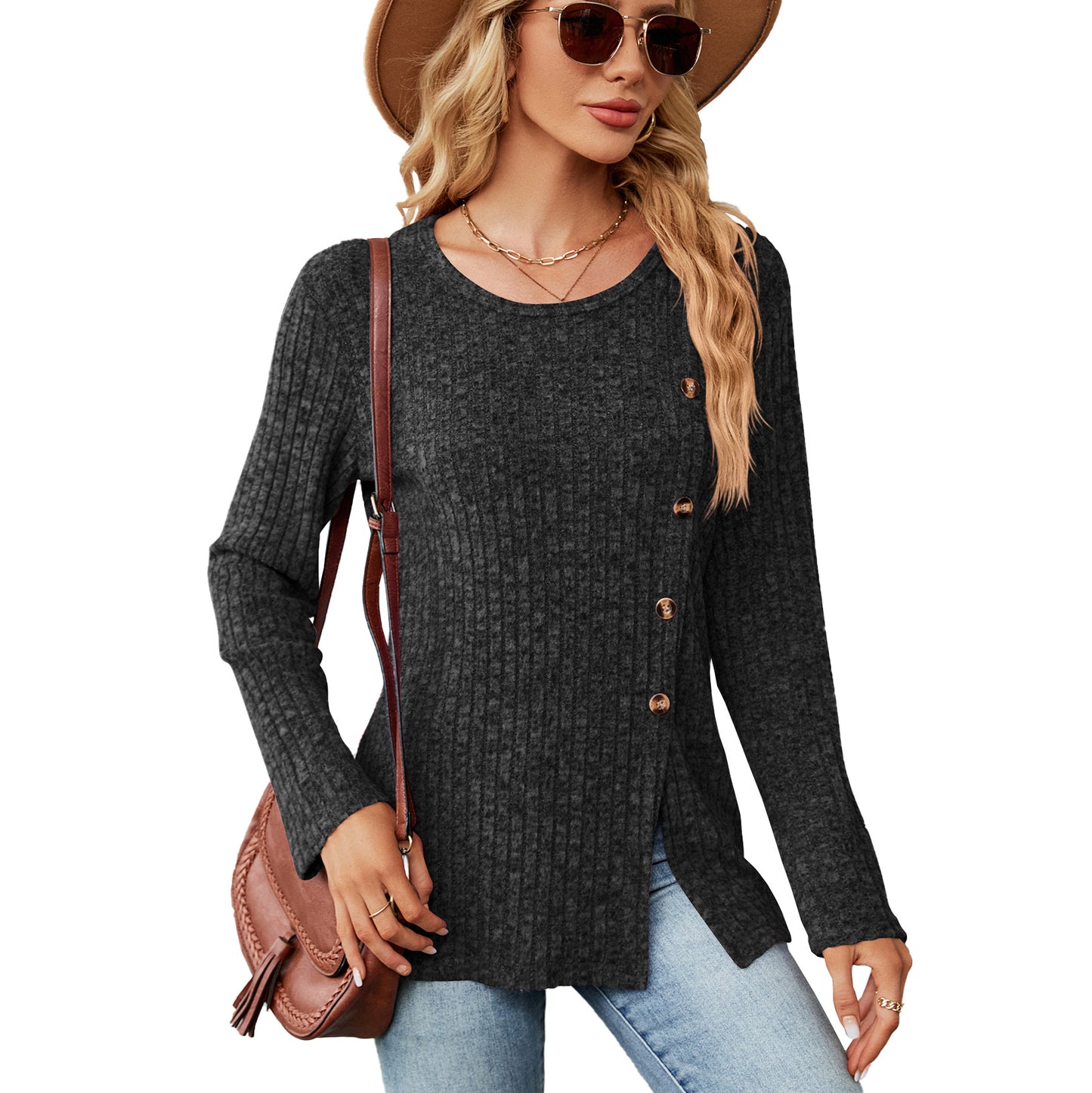 Blouse en tricot décontractée pour femmes avec un design à nouer et une fente latérale Chic und Stil