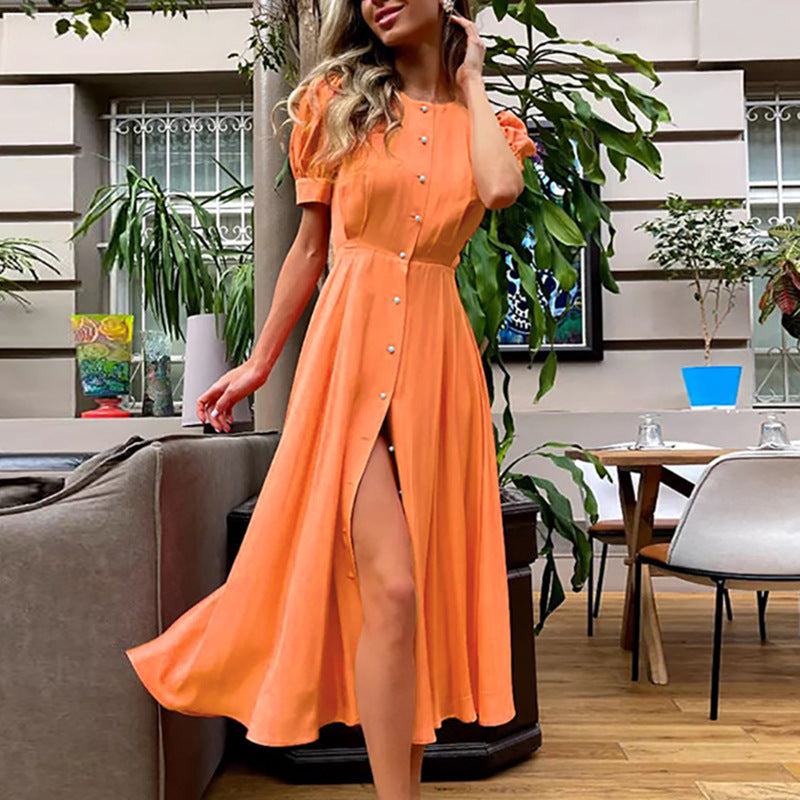 Robe maxi femme avec boutonnage, manches bouffantes et fente latérale Chic und Stil