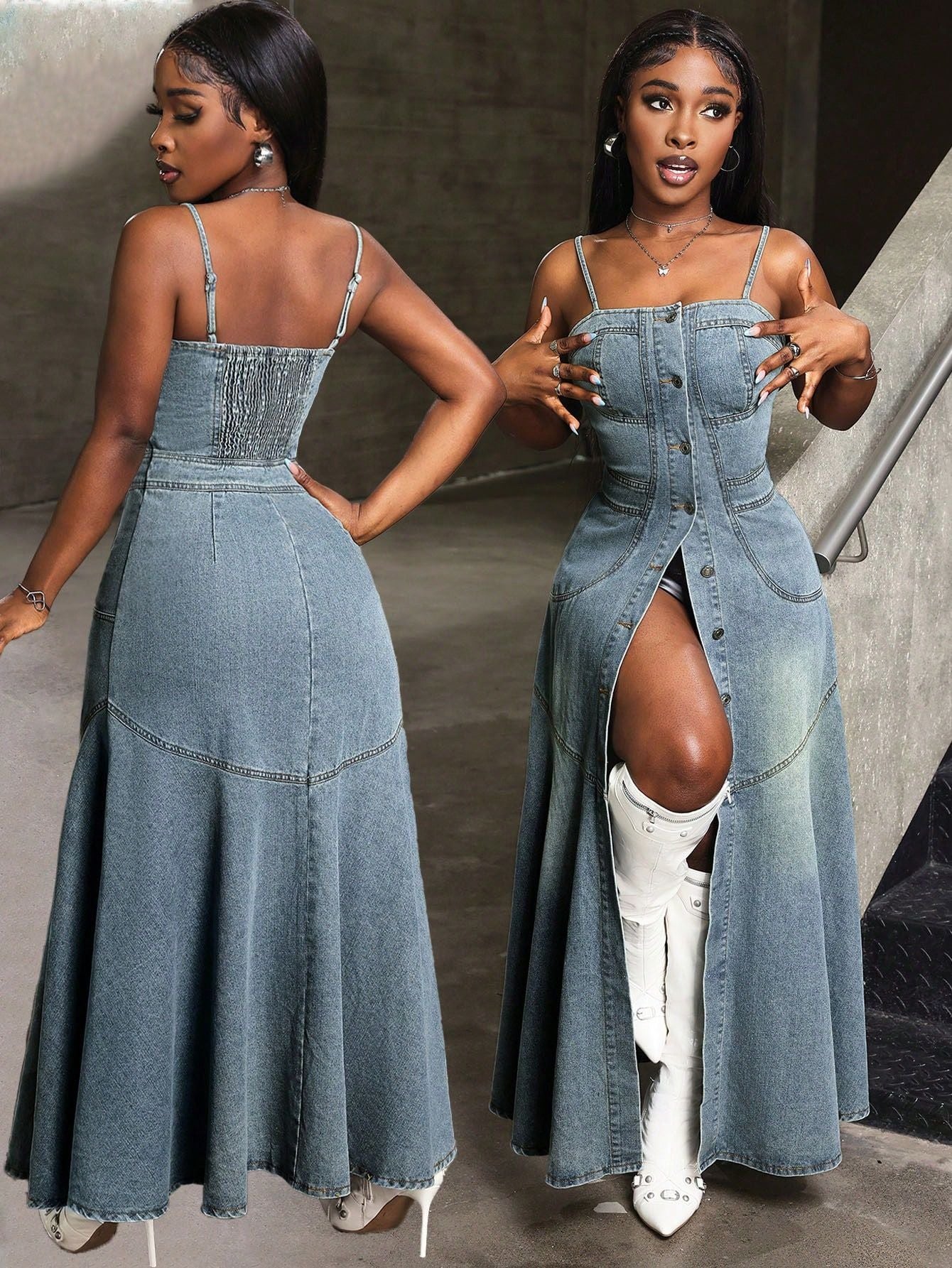 Robe maxi en denim pour femmes avec détails de boutons et haut ajusté Chic und Stil