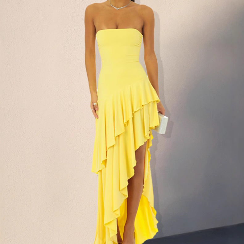 Robe maxi à manches longues pour femmes avec détails froncés et ourlet en biais Chic und Stil